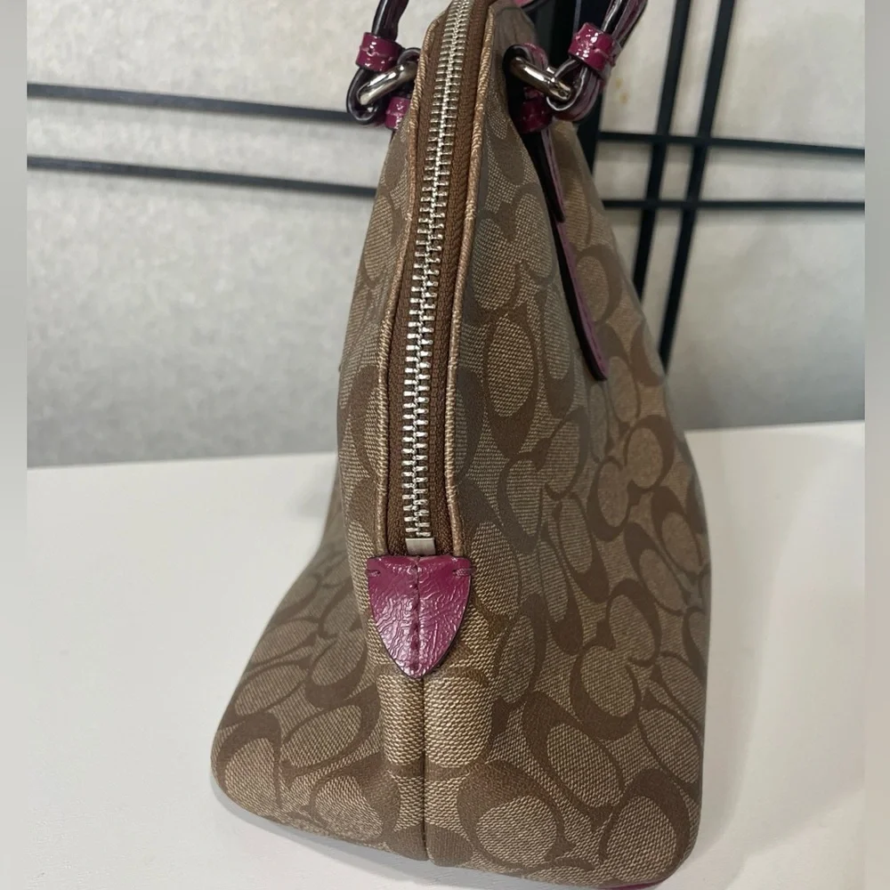 Coach Peyton Signature Cora Domed Satchel Bag Brown Coated Canvas Purple Leather - Picture 4 of 13